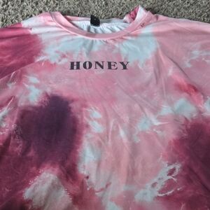SHEIN Pink White Tie-Dye "HONEY" Short Sleeve Tee